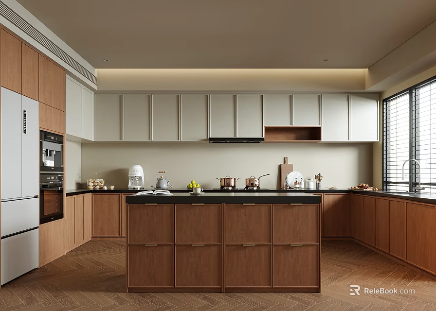 Modern Kitchen Interior With Wooden And White Cabinets Central Island And Appliances 3d model 