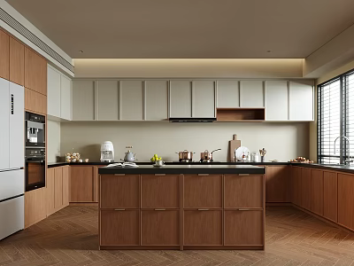 Modern Kitchen Interior With Wooden And White Cabinets Central Island And Appliances 3d model