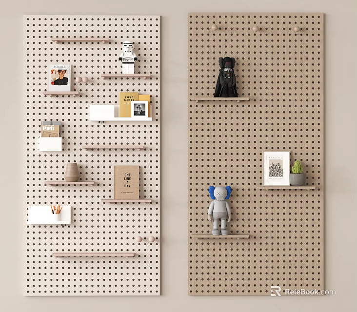 Pegboard Wall With Hanging Accessories Decor Items Small Ornaments Photos And Books 3d model 