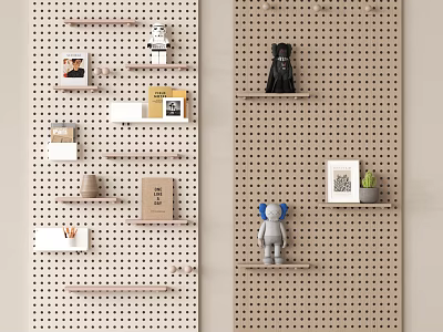 Pegboard Wall With Hanging Accessories Decor Items Small Ornaments Photos And Books 3d model