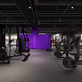 Modern Gym Interior With Various Fitness Equipment Purple Lighting Spacious Workout Area And Gray Flooring