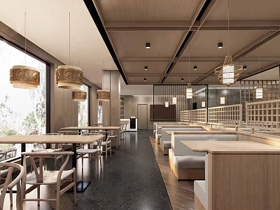 Modern Wooden Restaurant Interior With Pendant Lights Open Layout Window Views And Booth Seating 3d model
