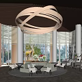 Modern Sales Office Interior With Circular Pendant Light Wooden Ceiling And Large Windows
