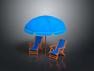 Blue Patio Umbrella And Orange Frame Folding Chairs For Outdoor Use 3d model