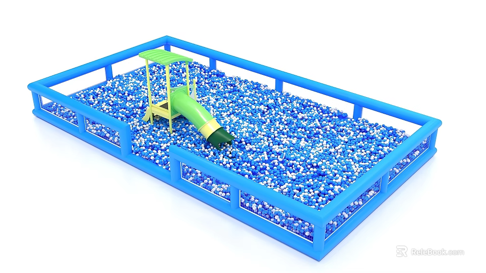 Colorful Kids Ball Pit Enclosure With Green Slide And Blue White Balls 3d model 