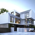 Modern Detached Villa With White Exterior Large Glass Windows Surrounding Trees And Waterfront View