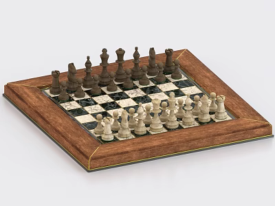 Chess Set With Wooden Frame And Black White Pieces For Board Game Entertainment 3d model