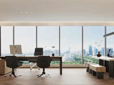 Modern Office Interior Design With Large Windows City View Desk Computer Chairs And Wooden Floor 3d model