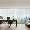 Modern Office Interior Design With Large Windows City View Desk Computer Chairs And Wooden Floor