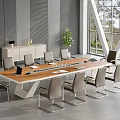 Modern Meeting Table Wooden Top Metal Frame With Gray Chairs Cabinet Large Windows Green Plant