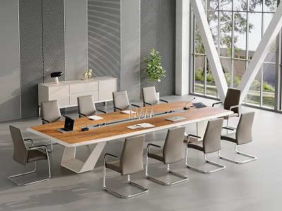 Modern Meeting Table Wooden Top Metal Frame With Gray Chairs Cabinet Large Windows Green Plant 3d model