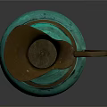 Antique Bronze Wine Vessel With Turquoise Green Patina And Brown Spout Handle Design