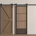 Wooden Sliding Barn Doors With Cross Panel And Mesh Insert Design On Black Track
