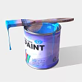 Triple Lines Paint Can With Paintbrush Dripping Blue Paint And Colorful Stripes