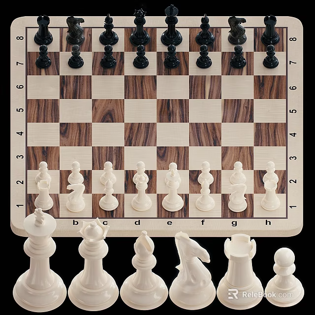 Classic Chessboard With Arranged White And Black Pieces On Wooden Surface 3d model 