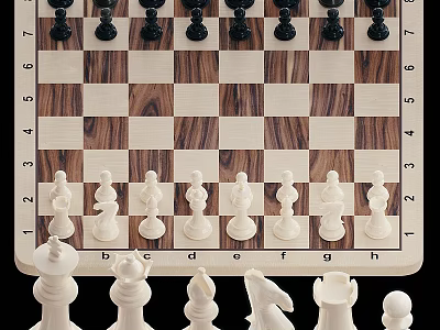 Classic Chessboard With Arranged White And Black Pieces On Wooden Surface 3d model