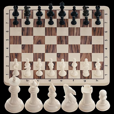 Classic Chessboard With Arranged White And Black Pieces On Wooden Surface 3d model