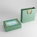Open Green Daily Supplies Box And Shopping Bag With Landscape Pattern And Orange Handle
