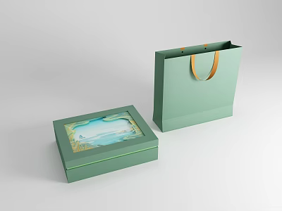 Open Green Daily Supplies Box And Shopping Bag With Landscape Pattern And Orange Handle 3d model