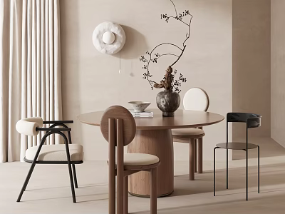 Modern Round Wooden Dining Table Set With Mixed Design Chairs And Decorative Branch Vase 3d model