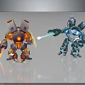 Two Robot Characters With Fire And Ice Elements Holding Weapons On Black Reflective Surface 3d model