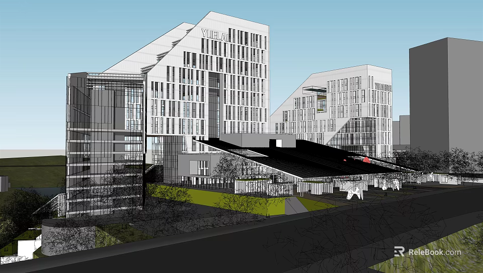 Modern Commercial Complex Architecture With Glass Facades And Urban Green Spaces 3d model 