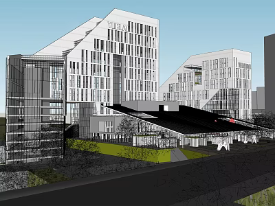 Modern Commercial Complex Architecture With Glass Facades And Urban Green Spaces 3d model