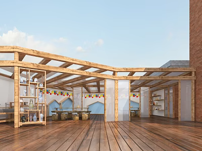 Bright Open Indoor Space With Wooden Roof Flooring Brick Wall Bookshelves And Long Table 3d model