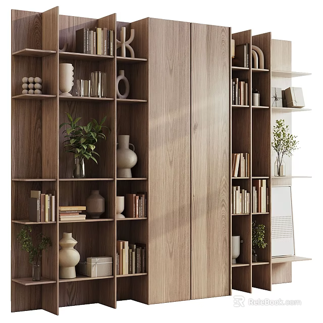 Modern Wooden Bookcase With Multi Tiered Open Shelves Books Vases And Potted Plants 3d model 