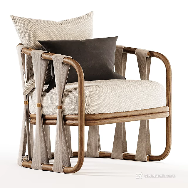 Modern Single Sofa With Beige Fabric Wooden Armrests And Black Throw Pillow 3d model 