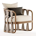 Modern Single Sofa With Beige Fabric Wooden Armrests And Black Throw Pillow