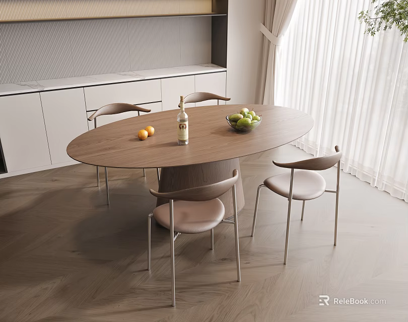 Modern Round Wooden Dining Table And Chairs Set With Fruit Bowl In Dining Room 3d model 