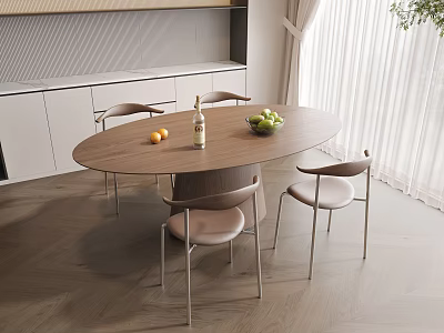 Modern Round Wooden Dining Table And Chairs Set With Fruit Bowl In Dining Room 3d model
