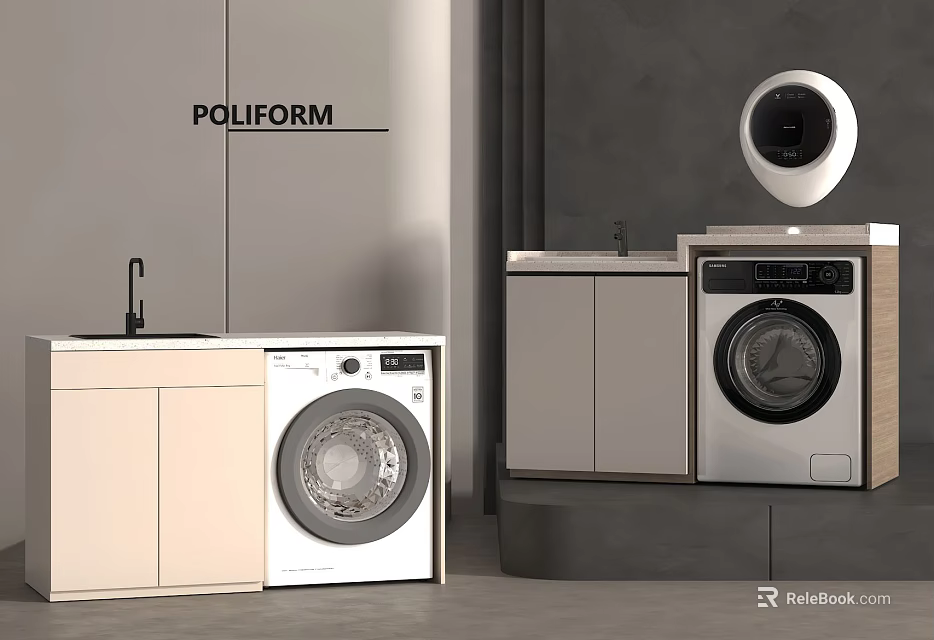 Modern Interior Design With Two Washing Machines And Cabinets On Gray Wall 3d model 