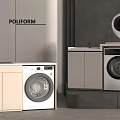 Modern Interior Design With Two Washing Machines And Cabinets On Gray Wall