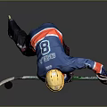 Man Wearing Blue Hockey Jersey Yellow Helmet Holding Stick In Action Pose With Inline Skates