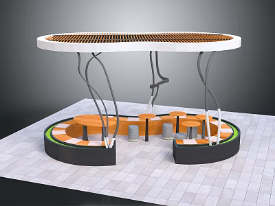 Modern Pergola with Circular Wooden Lattice Roof Curved Supports and Surrounding Seating on Tiled Floor 3d model