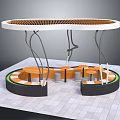 Modern Pergola with Circular Wooden Lattice Roof Curved Supports and Surrounding Seating on Tiled Floor