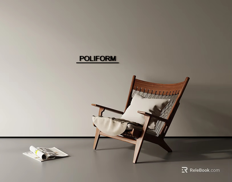 Poliform Leisure Chair with Wooden Frame Woven Backrest and Magazine in Minimalist Interior 3d model 