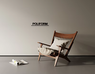 Poliform Leisure Chair with Wooden Frame Woven Backrest and Magazine in Minimalist Interior 3d model