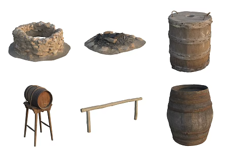 Farm paraphernalia cask wine cask wooden fence fire pile ancient water well device 3d model