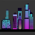 Colorful 3D Cartoon City Model with Vibrant Blue Purple Pink Tall Buildings and Various Shapes