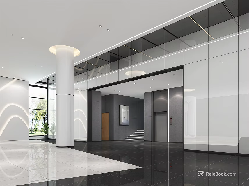 Modern Elevator Hallway With Glass Walls Bright Lighting And Marble Flooring 3d model