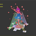 Blue Haired Game Movie Character In Short Dress Standing On Geometric Platform With Sparkles