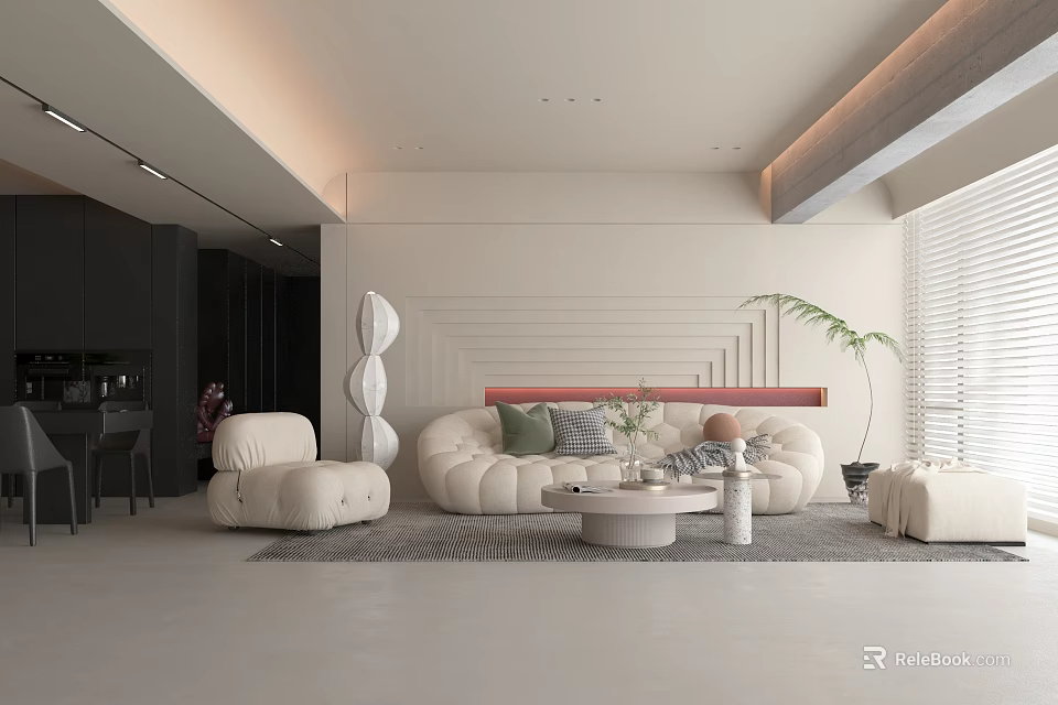 Modern Living Room Interior Design With Curved Sofa Coffee Table And Neutral Rug 3d model 