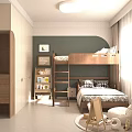 Kids Room Interior With Wooden Bunk Bed Bookshelf Green Wall And Plush Toys