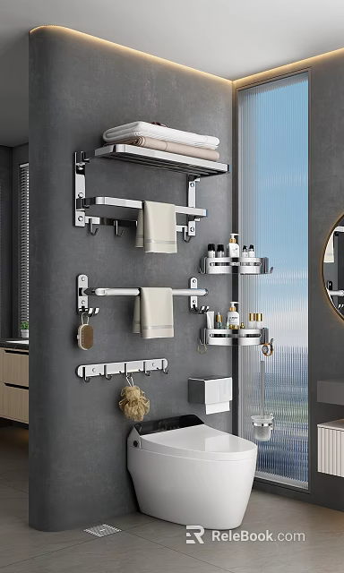 Modern Bathroom Accessories With Wall Mounted Metal Towel Racks Shelves Hooks And Toiletries 3d model 