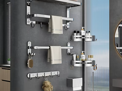 Modern Bathroom Accessories With Wall Mounted Metal Towel Racks Shelves Hooks And Toiletries 3d model