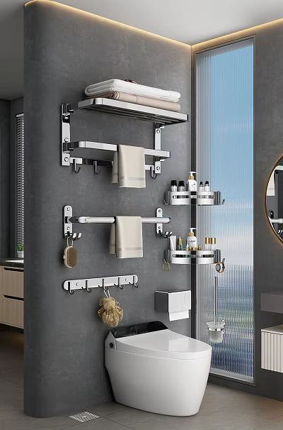 Modern Bathroom Accessories With Wall Mounted Metal Towel Racks Shelves Hooks And Toiletries 3d model