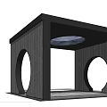 Modern Gray Concrete Structure With Circular Openings And Black Roof Against Blue Sky Background
